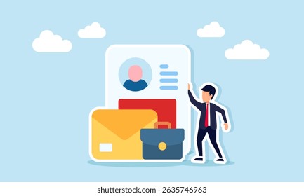 Empresário ao lado do envelope do documento de perfil e da ilustração da pasta de emprego com currículo e experiência de trabalho impressionantes
