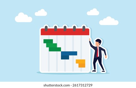 businessman standing next to a schedule calendar, illustration of setting a business event schedule