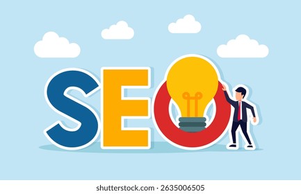 Empresário de pé ao lado de texto SEO com uma lâmpada iluminada ilustração de aplicação de ideia para a palavra-chave de otimização do motor de busca no negócio