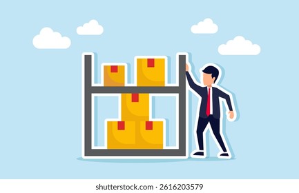 businessman standing next to a shelf filled with shipping boxes, illustration of business in the logistics, delivery, and supply chain service industry