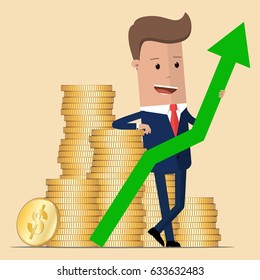 Businessman standing next to a stack of gold coins and holding a green up arrow. Vector, illustration