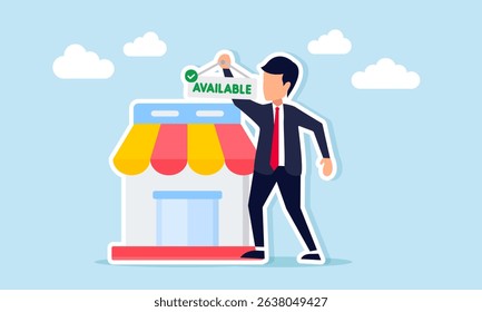 Businessman standing next to a store holding a hanging tag with the word available illustration of building availability for commercial property rental