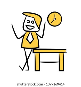 businessman standing next to table and clock yellow stick figure theme
