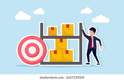 Businessman standing next to target board and package box shelf illustration of logistics business target - Powered by Shutterstock - Get 15% off with code: PIKWIZARD15