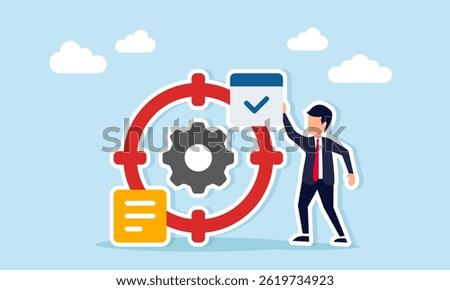 Businessman standing next to a target sign with a gear and note, illustration of setting business goals and recording strategies to achieve them effectively