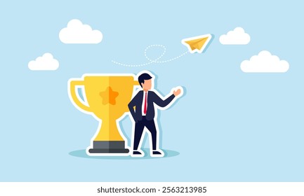 A businessman standing next to a trophy observing flying paper planes, illustration of monitoring and analyzing business trends to become a leading company