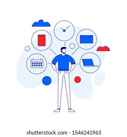 Businessman is standing with office icons on the background. Multitasking and time management concept. Effective management. Vector illustration.
