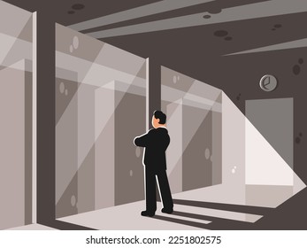 Businessman standing in office and looking through window at night city. Vector illustration