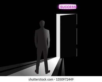 Businessman standing on abstract illuminated night city steps with open door and bright light. Success concept.