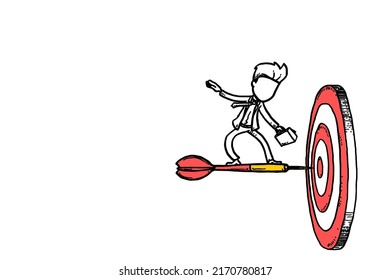 Businessman standing on arrow aiming target. Business goals and objectives concept. Cartoon vector illustration design