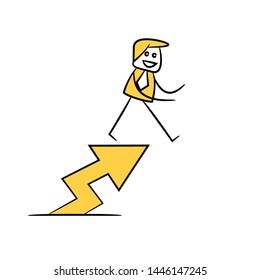 businessman standing on arrow chart yellow stick figure theme