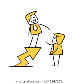 businessman standing on arrow chart helping coworker yellow stick figure theme