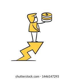 businessman standing on arrow chart holding money coins yellow stick figure theme
