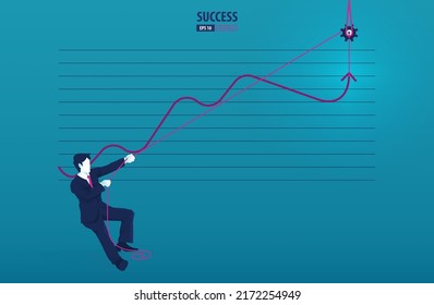 Businessman standing on arrow graph and pulling it upwards with rope. grow chart up increase profit sales and investment