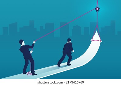 businessman standing on arrow graph and pulling it upwards with rope and other businessman running towards arrow. teamwork concept. grow chart up increase profit sales and investment