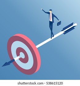 businessman standing on the arrow hit the target. the employee goes to the center of the target, an arrow released from a bow. the business concept of accuracy and purpose