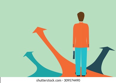 Businessman standing on the arrow with many directions ways,Choices concept, Vector illustration.