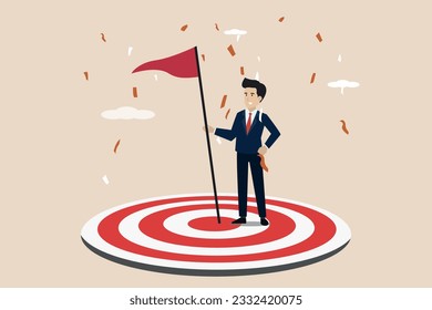 Businessman standing on arrow point with flying flag of success, businessman standing proud of his hard work.