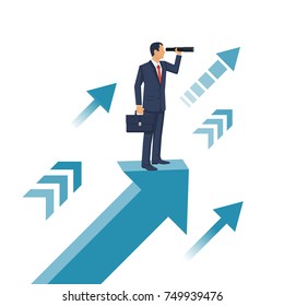 Businessman standing on arrow with telescope in hand. Vision business concept. Looking in future. Vector illustration flat design. Isolated on background. Search solution.
