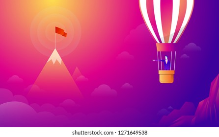 Businessman standing on Balloon looking with the binocular go to red flag on sky between mountain. go to business success goal. creative idea. leadership. illustration vector.