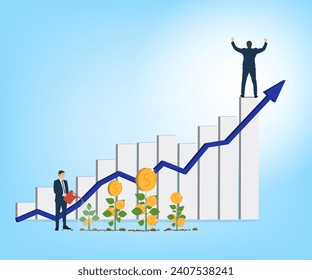 Businessman standing on a bar graph, delighted with business success, bar graph. Investor business concept vector illustration.