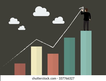 Businessman standing on bar graph drawing a growth chart. Business Concept