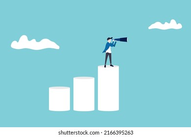 businessman standing on bars using telescope to see future prediction. economy, business opportunity or investment forecast concept