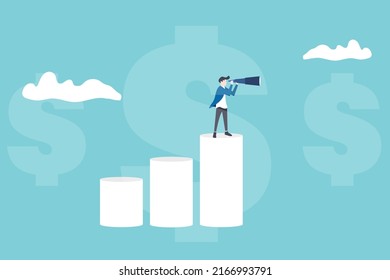 empresario en bares usando telescopio para ver predicciones futuras. concepto de economía, oportunidad de negocio o previsión de inversiones