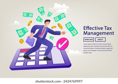 Businessman standing on big calculator with money floating around. budgets or resources to complete tasks. financial plans, invoices or taxes. cost or loan concept. Tax information. Vector