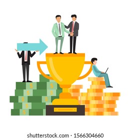 Businessman standing on big golden cup vector illustration. Gold award for business team. Teambuilding success concept