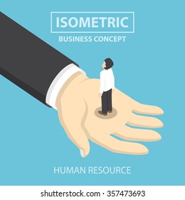 Businessman standing on the big hand, Flat 3d web isometric design, VECTOR, EPS10