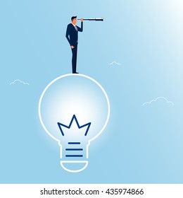 Businessman standing on big idea using telescope looking for success, opportunities, future business trends. Vision concept. Cartoon Vector Illustration.