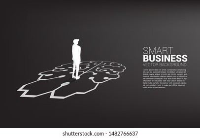 businessman standing on brain icon graphic on floor. icon for business planning and strategy thinking