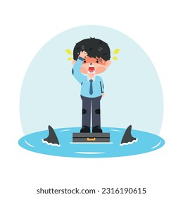 Businessman standing on briefcase In the sea
