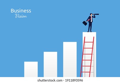 Businessman standing on business chart and holding telescope. Business vision concept.