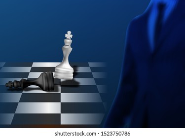 Businessman standing on chalk board. Business rival competitor concept. Queen chess drop down. Realistic tuxedo suit and tie. Vector Illustration