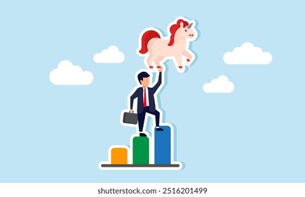A businessman standing on a chart, trying to catch a unicorn, illustration of Startup business progress to reaching unicorn status with impressive performance