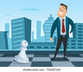 Businessman standing on a chess board. Concept illustration of business strategy. Leadership and excellence. Businessman leadership on chessboard, strategy business competition vector