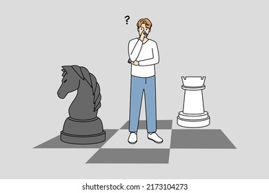 Businessman Standing On Chessboard Thinking Of Next Step. Confused Man Brainstorm Consider Business Risk Or Challenge. Dilemma And Decision Making. Vector Illustration. 