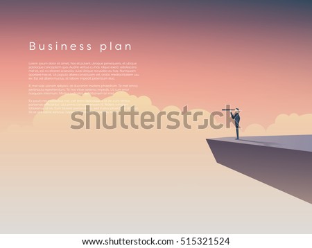 Businessman standing on a cliff above clouds with monocular. Business concept of leadership, business plan with space for your text. Eps10 vector illustration.