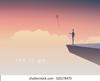 Businessman standing on a cliff letting go a balloon. Eps10 vector illustration.