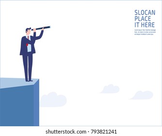 Businessman standing on a cliff. looking through monocular into the future
business vision and visionary people business concept 
vector flat design illustration banner brochure isolated background