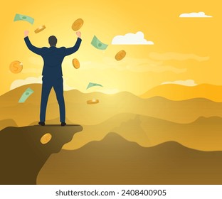 Businessman standing on a cliff raising his arms in the sky happily, morning sunrise. Vector illustration, concept of success or freedom, financial image.