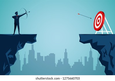 businessman standing on a cliff is shooting an arrow across the cliff opposite the arrow to the target in the center of the red circle. business finance success. startup. illustration cartoon vector