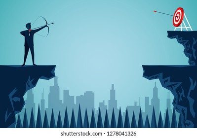 businessman standing on a cliff is shooting an arrow across the cliff opposite the arrow to the target in the center of the red circle. business finance success. startup. illustration cartoon vector