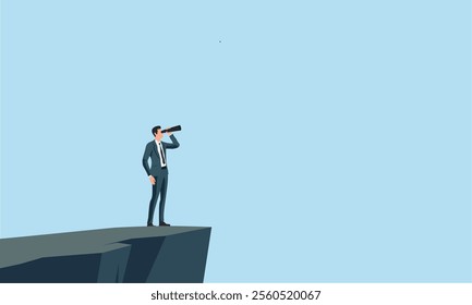 Businessman standing on a cliff using a telescope, symbolizing vision, leadership, opportunity, and future planning. Ideal for corporate, success, and goal-oriented themes