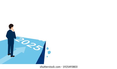 Geschäftsmann, der auf dem Cliff Writtern "2025" steht, Vektorgrafik, Kopienraum