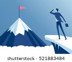 businessman standing on cliff's edge and looking at the mountain on which he will climb, an employee looking for a way to his goal, business concept challenge and the goal