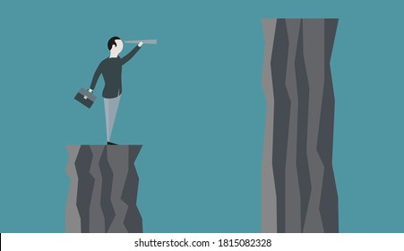 Businessman standing on cliff's edge and looking through a telescope at the mountain on which he will climb, looking for a way to his goal, business concept challenges and goals