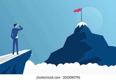 businessman standing on cliff's edge and looking at the mountain, business concept challenge and the goal